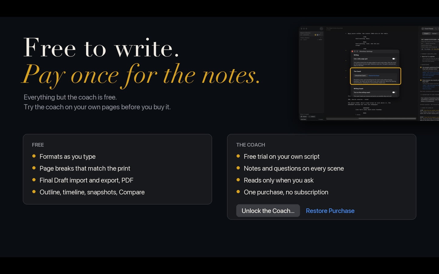 Write for free and unlock the coach with one purchase