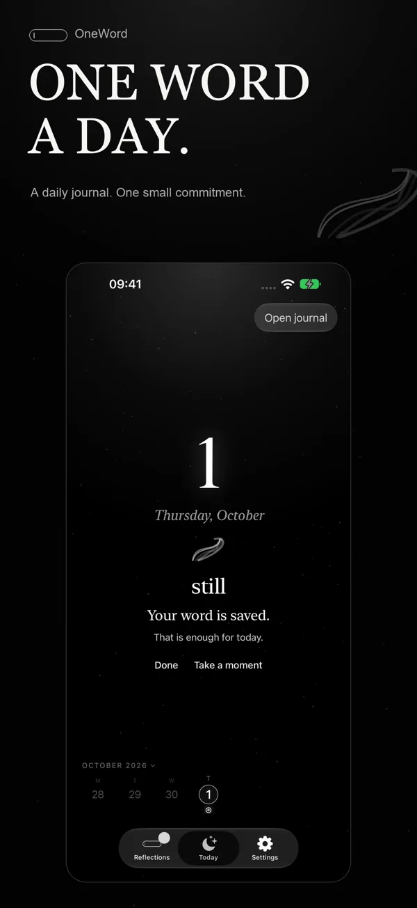 One word a day: the Today screen with the word still saved for Thursday, October 1