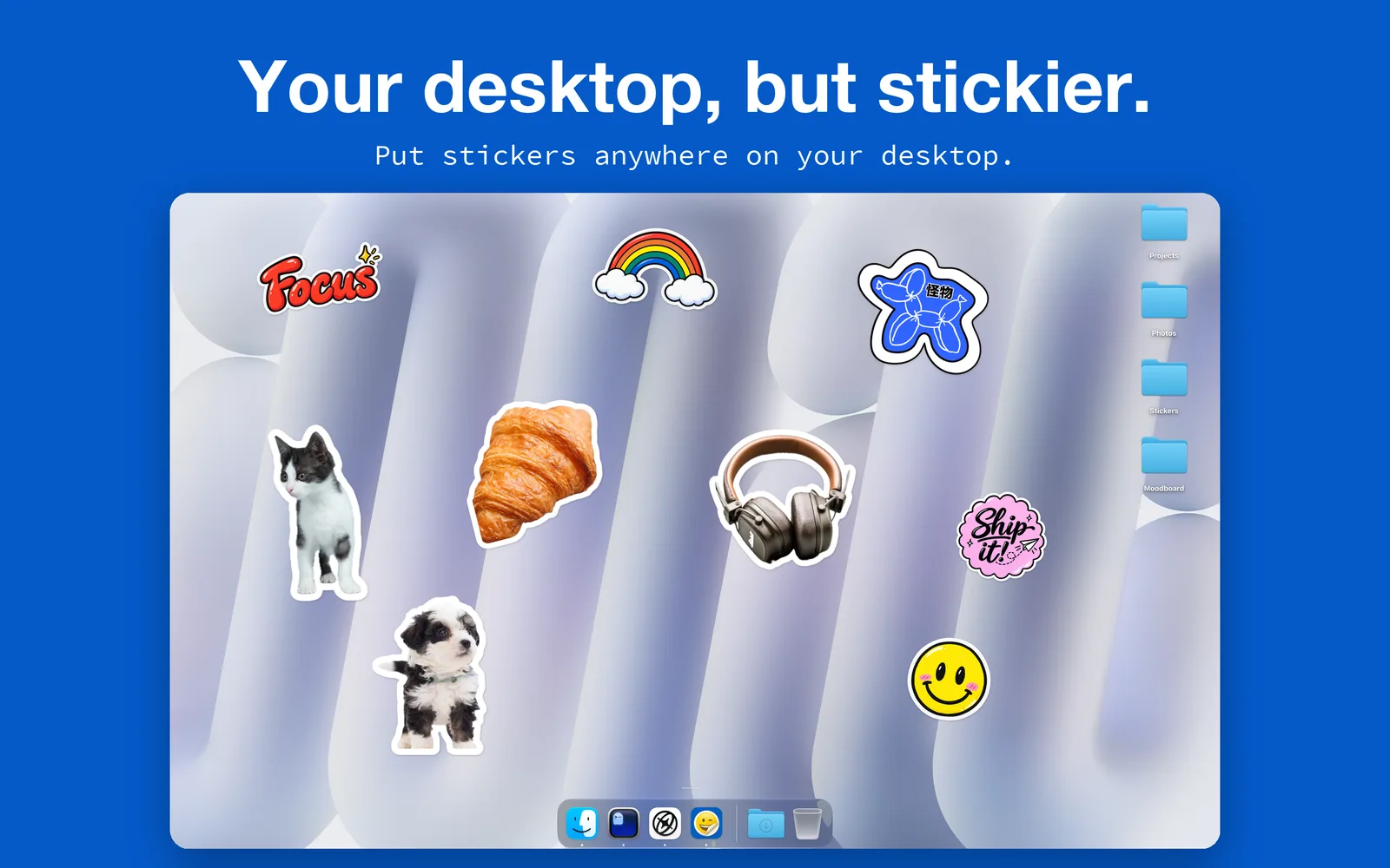 Stickers scattered across a Mac desktop: a cat, a croissant, headphones, a rainbow and a smiley