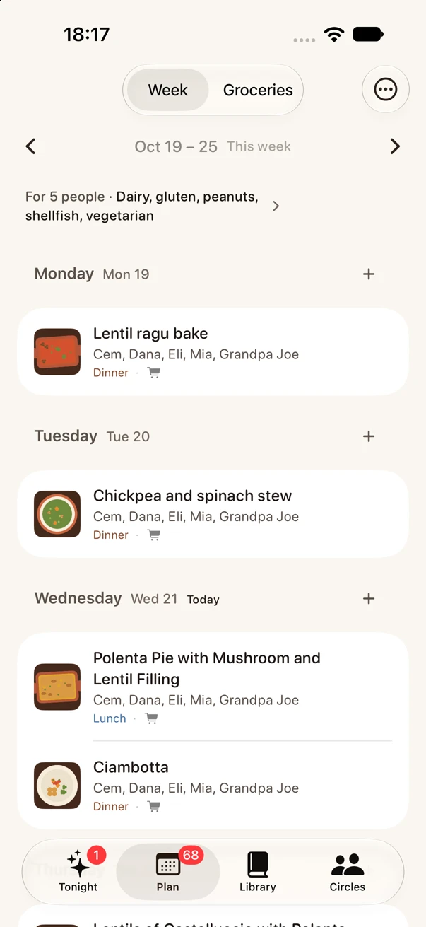 Organize the weekly meal plan