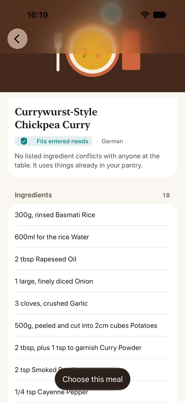 Review a suggested meal and its ingredients