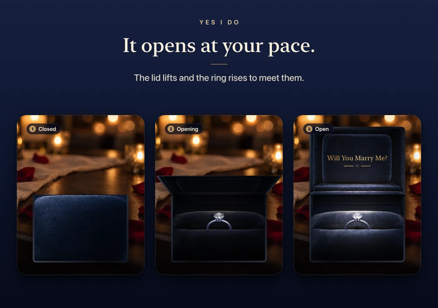 It opens at your pace: the box closed, opening and open, with the lid reading Will You Marry Me?