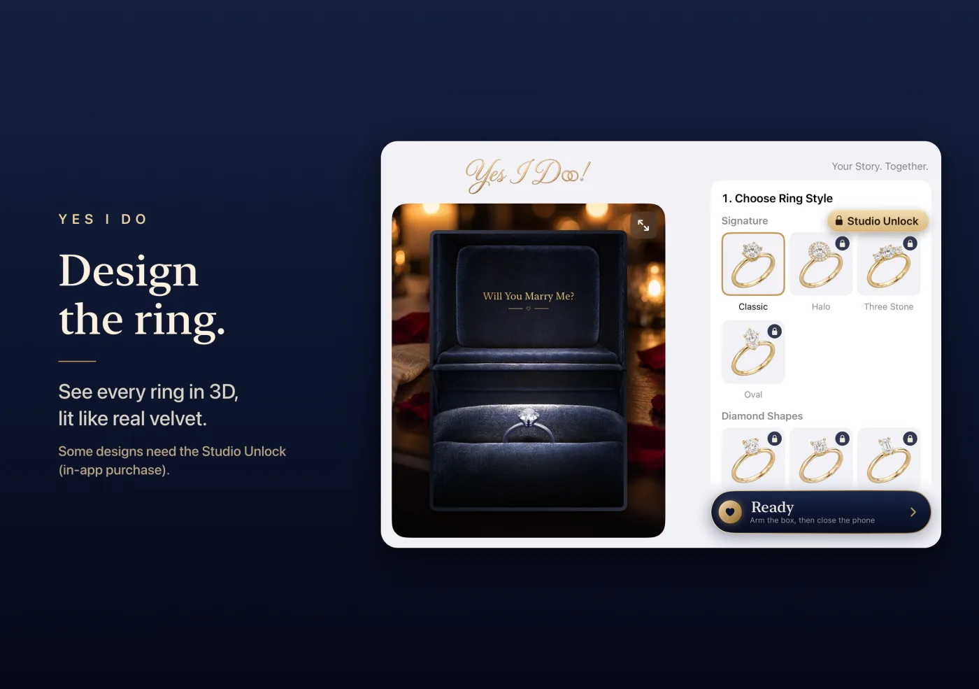 Design the ring: choosing a ring style beside a 3D preview of the ring in its box