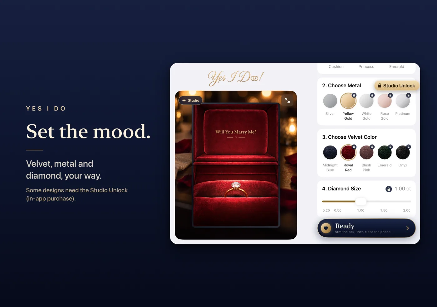 Set the mood: picking the metal, velvet colour and diamond size, with a red velvet box