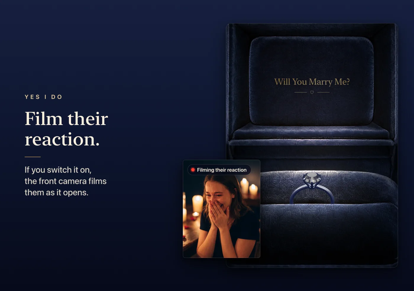 Film their reaction: the open box with a small inset of a person reacting, recorded by the front camera