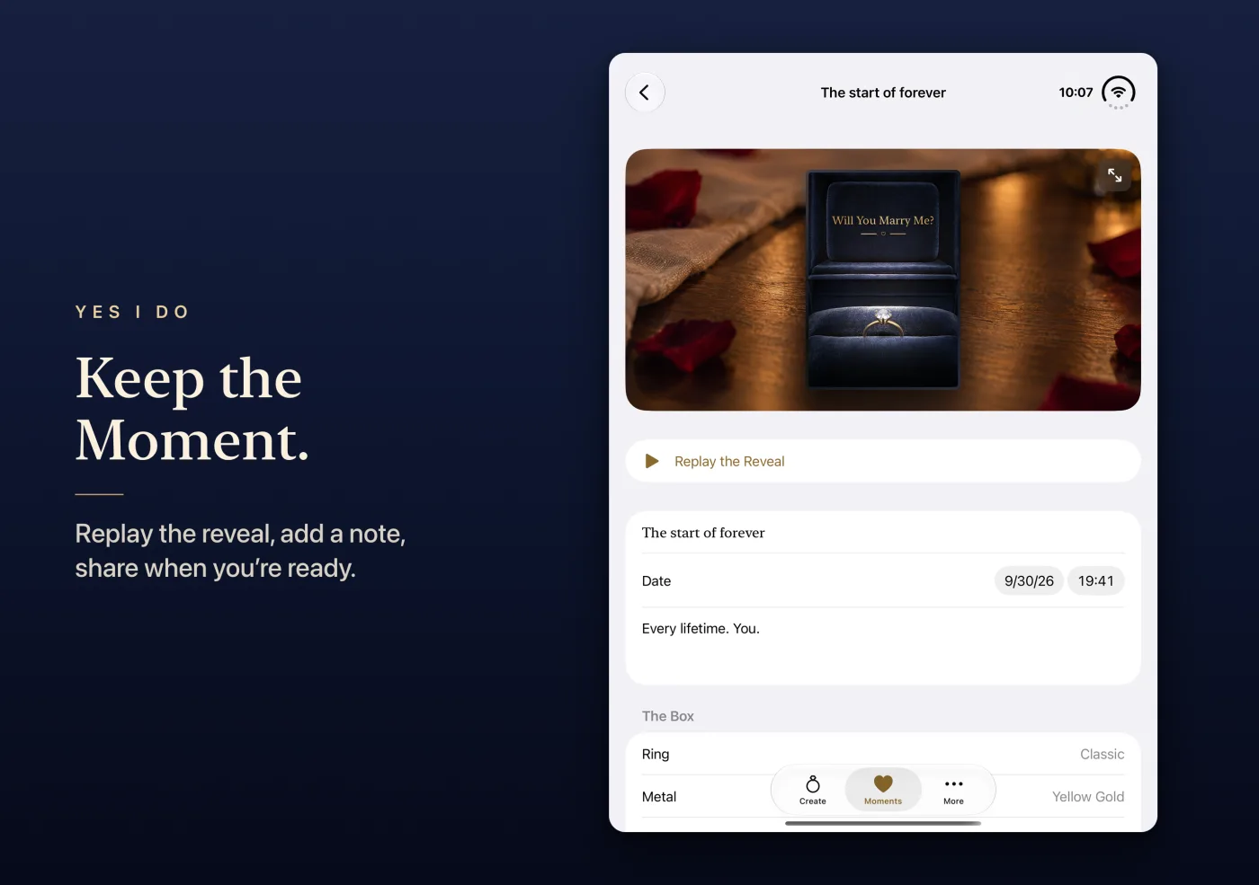 Keep the moment: a saved Moment with its replay, title, date and note